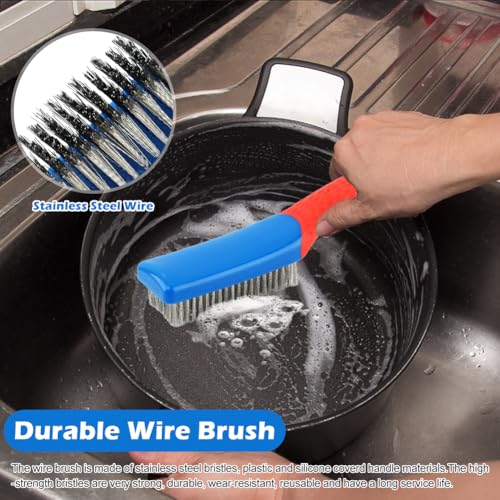 Image of 2 Pack Wire Brushes for Cleaning, 6.3inch Steel Wire Scratch Brush Heavy Duty Metal Wire Brush Cleaning Tool with Handle Grip(Blue+Red)
