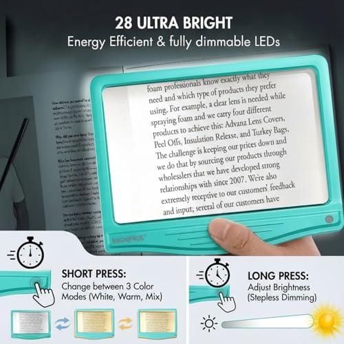 Image of MAGNIPROS 5X Rechargeable LED Page Magnifier, Large Anti-Glare Lens, Ultra Bright 3 Color Light Modes- Reduces Eye Strain for Small Print, Low Vision & Seniors