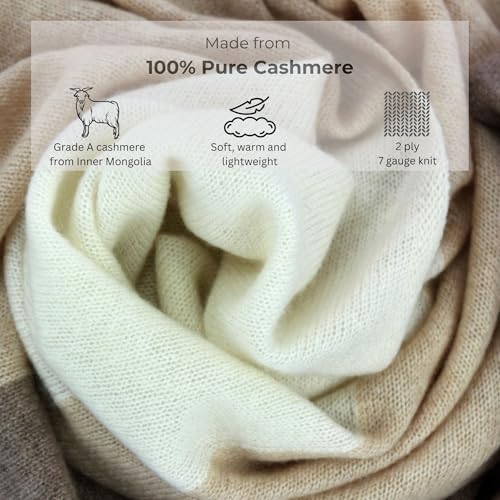 Jet&Bo 100% Pure Cashmere Lightweight Travel Wrap, Shawl & Scarf Beige Colorblock, Storage Bag + Gift Box3