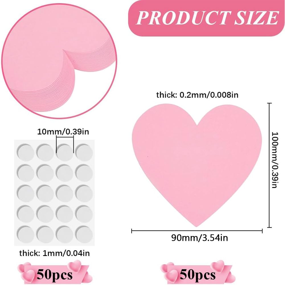 SOFPLATE 50 stuks 4 inch roze hart uitsparingen papier harten uitgesneden prikbord met 50 stuks ronde dubbelzijdige tape voor Valentijnsdag doe-het-zelf ambachten projecten prikbord feest thuis
