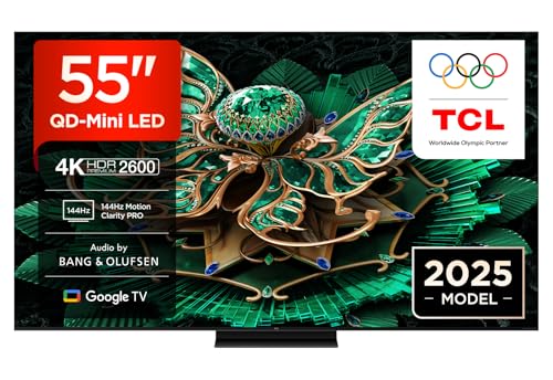 TCL 55C7K 55' QD-Mini LED-TV, 4K HDR Premium 2600, Smart Google TV, 144Hz Motion Clarity Pro (Dolby Vision IQ & Atmos, CrystGlow HVA-Panel, Audio von Bang & Olufsen, Game Master)