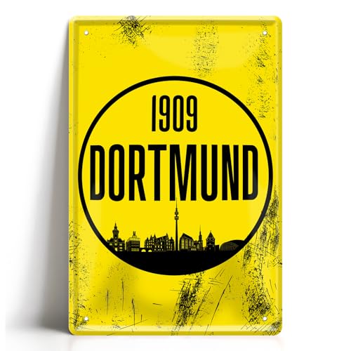 Dortmund 1909 Blechschild Gelb Schwarz - Fanartikel Metallschild 20x30cm - Skyline Wanddeko für Fußball Fans - Ruhrpott Vintage Schild - Geschenk für Dortmunder
