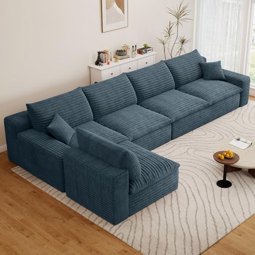 Image of 136 inch Cloud Couch Modular Sectional Sofa for Living Room, L-Shape Boneless Couch with Deep Seat, Modern Corduroy 5-Seater, No Assembly Required,Blue