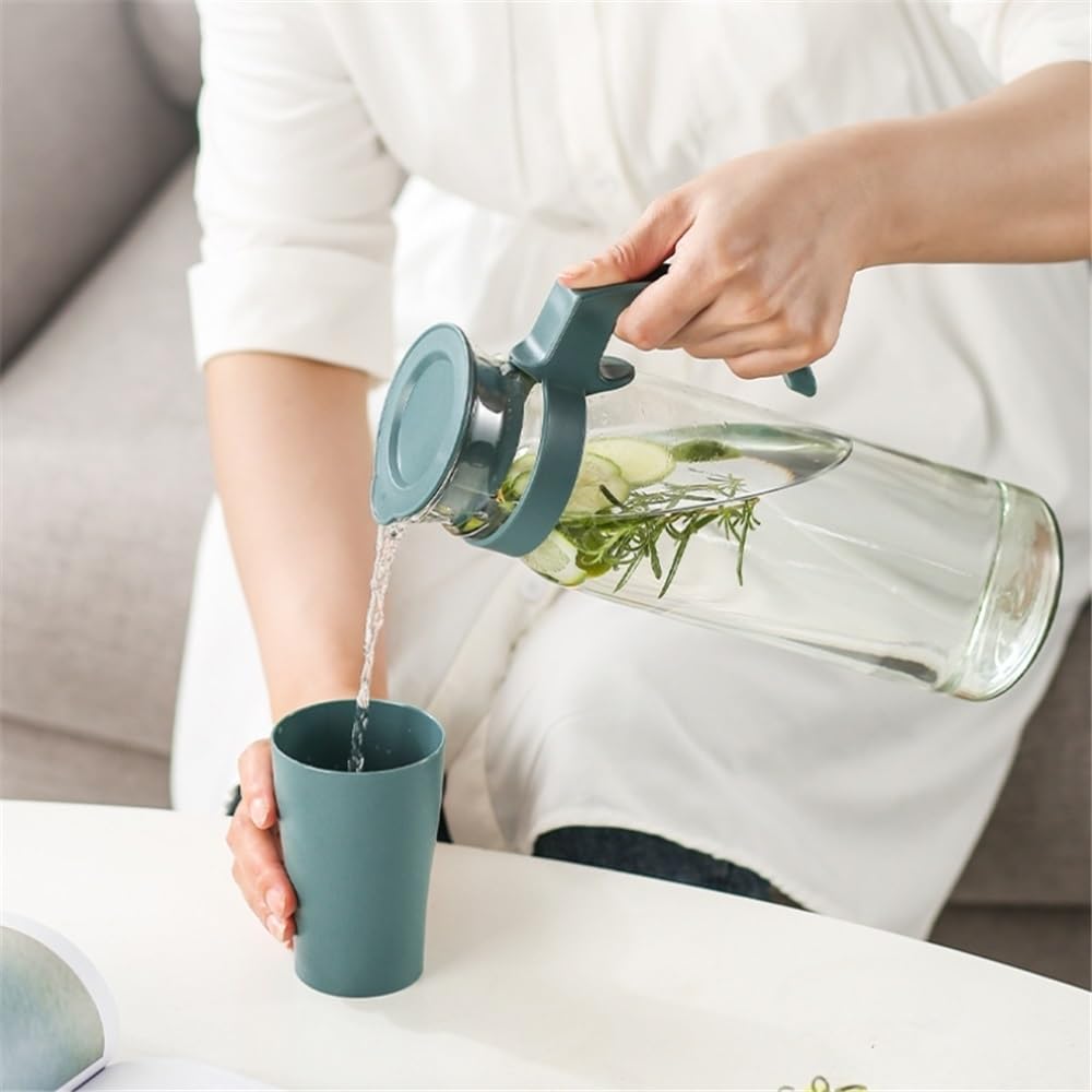 Jarra Agua Fria Hervidores de Agua de Vidrio de Gran Capacidad con Tapa y asa Jarra for Jugo, té, Leche, dispensador de Bebidas, Olla de 1100 ml Jarra Agua Detox Frutas(Blanco)