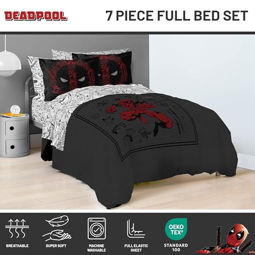 Image of Marvel Deadpool Full Comforter Set 7 Piece Soft Bedding for Boys, Gray | Bed in a Bag, Comforter Sheets Shams Pillowcases, Official Product, Soft Microfiber, Machine Washable, Boys Gift