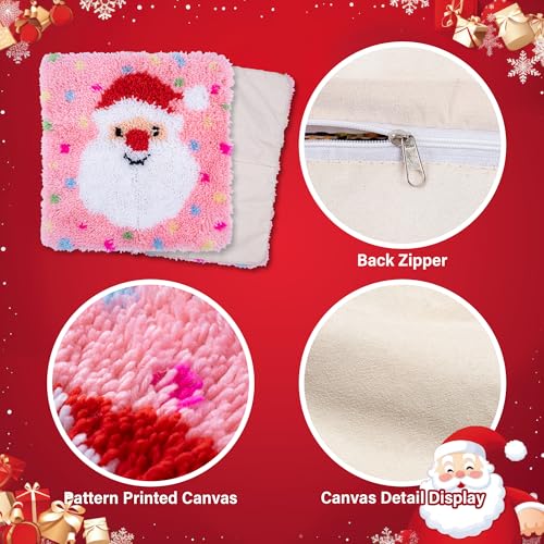 Image of Beyond Your Thoughts Christmas Latch Hook Kits DIY Pink Throw Pillow Cover Cute Santa with Color Pattern Printed for Kids Adults Beginners Family Decoration 16.5 * 16.5 inches BZ2403