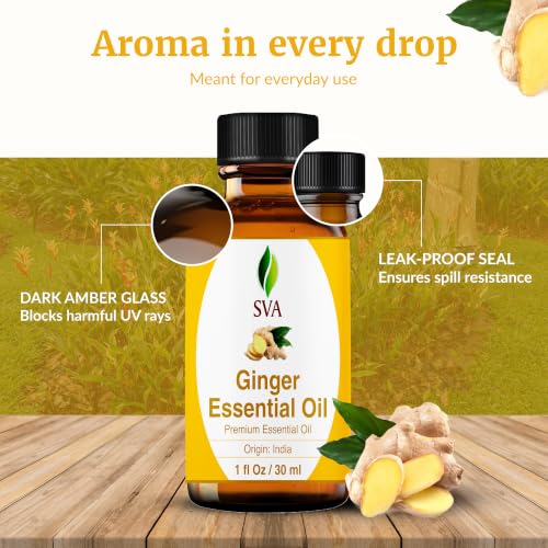 Image of SVA Ginger Essential Oil 1 Fl Oz - for Diffuser, Skin & Hair Care - Ideal for Massage & DIY Blends - with Dropper