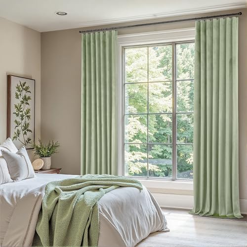 Image of Sage Green Back Tab Velvet Curtains 63 Inch Length for Boys Bedroom Girls Room Darkening Thermal Insulating Short Curtains for Kitchen Closet Movie Theater Rustic Vintage Decor Satin Silky 2 Panels