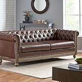 Merax PU Chesterfield Sofa, Retro Style Upholstered 3 Seater Leather Couch Rolled Arm for Living Room Bedroom Office, Dark Brown