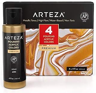 ARTEZA Acrylic Pouring Paint Set, 118 ml Bottles, Set of 4 Metallic Colors, High-Flow Acrylic Paint, No Mixing Needed, Paint for Pouring on Canvas, Glass, Paper, Wood, Tile and Stones