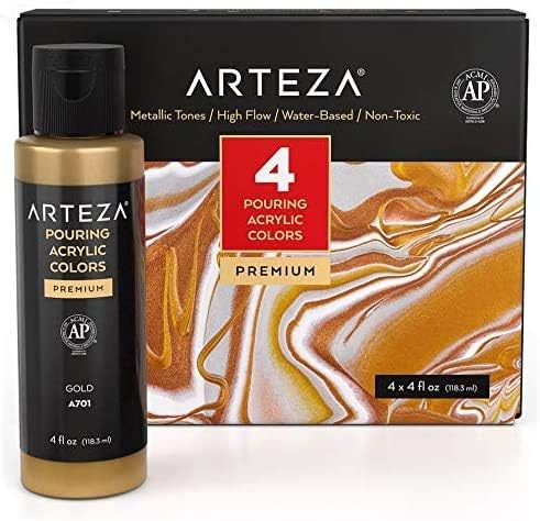 ARTEZA Acrylic Pouring Paint Set, 118 ml Bottles, Set of 4 Metallic Colors, High-Flow Acrylic Paint, No Mixing Needed, Paint for Pouring on Canvas, Glass, Paper, Wood, Tile and Stones