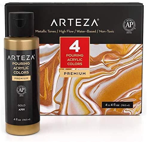 ARTEZA Acrylic Pouring Paint Set, 4 Metallic Colors, 4 oz Bottles, High-Flow Paint, No Mixing Needed, Art Supplies for Canvas, Glass, Paper, Wood, Tile, and Stones