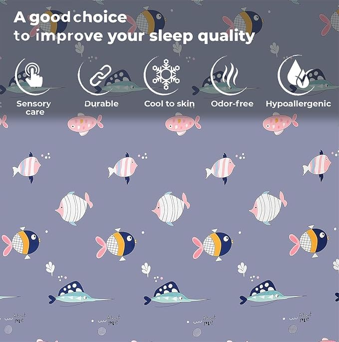 Image of RD FABS Glace Cotton Wrinkle Free Soft Hypoallergenic Bed Sheet | Cartoon Printed Double Bedsheets King Size with 2 Pillow Cover (90x95 Inches /Fish /Blue) 144 TC