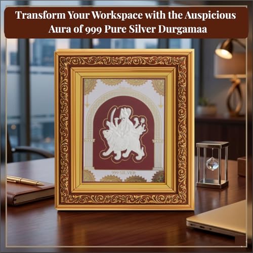 Image of 999 Pure Silver Durgamaa Frame | Divine Home Decor | Wall Mount Square Photo for Gift, Wooden PhotoFrame for Temple & OfficeDecor, SilverGift Items | hangingframe (10.50 inch x 9 inch Inch)