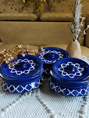 Image of Niyara Premium Handcrafted Ceramic Casserole /Donga Set with Lids | Serving Bowls for Hot Food | Microwave & Dishwasher Safe | Set of 3 (1000ML, 650ML, 550ML) | Moroccan Blue