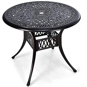 Tangkula 36 Inch Outdoor Dining Table Round Cast Aluminum Patio Dining Table with Umbrella Hole Weather Resistant Patio Bistro Table for Backyard Garden Poolside