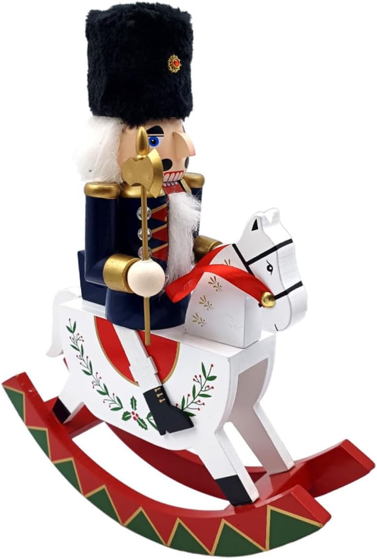 Christmas Nutcracker Figurine Large Wooden Rocking Horse Nutcracker Soldier Table Centerpiece Holiday Xmas Tree Ornament Festive Home Decoration