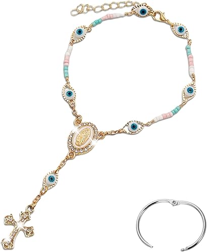 Rosario de coche para espejo retrovisor, espejo retrovisor de mal de ojo, cuentas de rosario automático, medalla de coche y accesorios para colgar