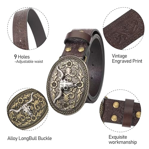 Image of Western Cowboy-Belts for Women Big-Buckle Longhorn-Bull PU-Leather Rodeo Cowgirl-Belt Engraved Floral - Waist 25-38 inch