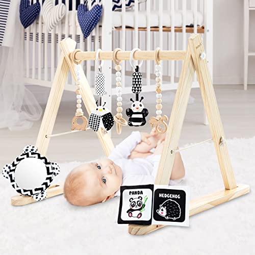 Image of BABY K Wooden Baby Play Gym (with 7 Toys) - Foldable Wooden Play Gym with Wooden and Monochrome Hanging Toys for Baby Gym - Natural Wooden Surface - Cloth Cards & Mirror Toys for Activity Gym