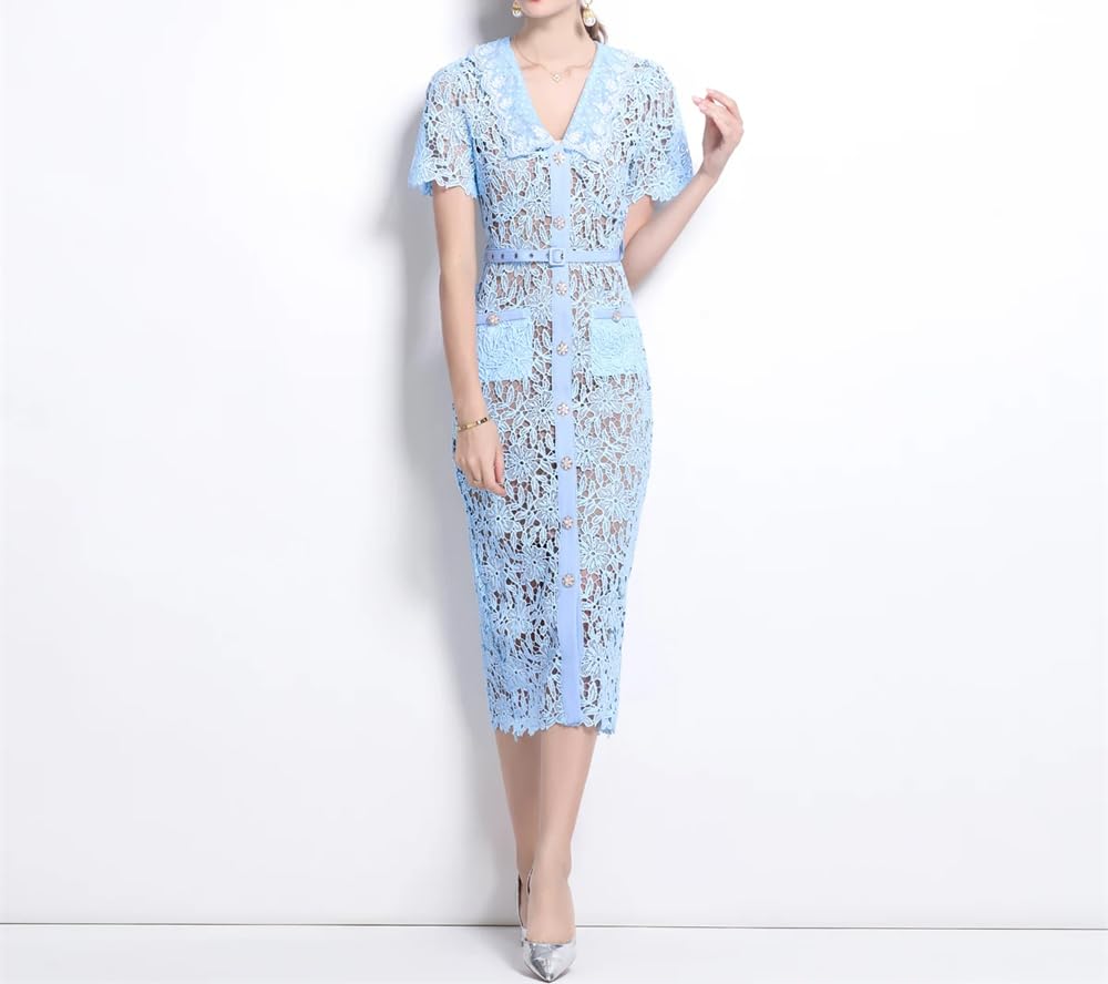 Vestido de encaje de verano for mujer - Vestido ajustado midi de manga corta for bodas, fiestas y días festivos - Rosa M(6)