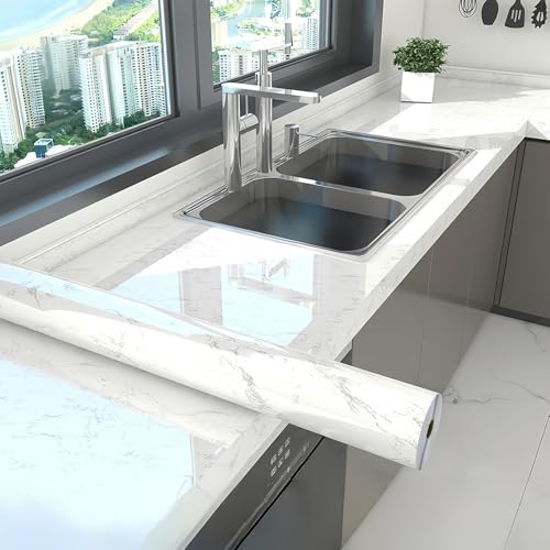 NICOLA 10M x 40CM Gloss Marble Vinyl Wrap for Furniture, White Grey Vinyl Wrap Contact Paper, Self-Adhesive Furniture Sticker Marble Effect, Waterproof PVC Roll for Kitchen Countertop Furniture