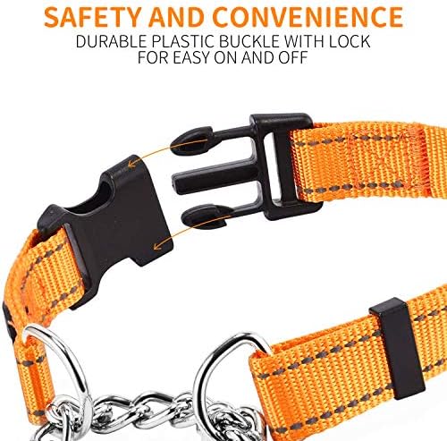PETTOM Martingale Dog Choke Collar, Safety Metal Chain, Chew Proof Strong Reflective Nylon Padded with Adjustable Breakaway Buckle (L: Neck 50-63 CM, Orange)