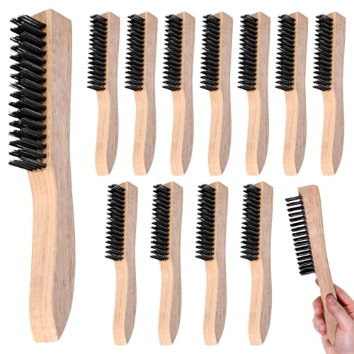 Image of 10 Inches Wire Brush Wooden Handle, 12 PCS Multi-Purpose Stainless Steel Wire Scratch Brush Welding Wire Brushes for Cleaning Welding Slags and Rust