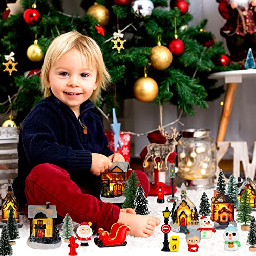 Woanger 29 Pieces Christmas Village Set LED Lighted Houses for Christmas Village Xmas Scene Figurines Decoration Crafted Poly Resin Collectables for Holiday Party Decor