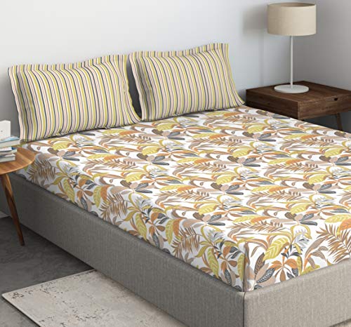 Image of DDECOR - Caledine 100% Cotton Fitted Bedsheet with 2 Pillow Covers, King Size, Yellow