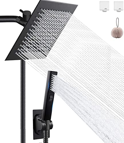 Shower Head, Rain Shower Head with Handheld,High Pressure 8'' Rainfall Stainless Steel Shower Head / 2 Settings Handheld Shower Combo with Shower Holder and 78'' Explosion-Proof Hose (Black)