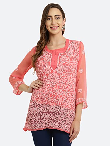 Image of FAWOMENT Women's Pure Georgette Handcrafted Lucknowi Chikankari Embroidery Short Kurti for Office Wear College Party Daily Casual