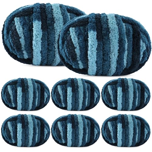 MABOZOO Mixed Color Chunky Chenille Yarn, 27 yds 8 oz Bulky Fluffy Chunky Plush Yarn for Home Décor Projects, Hand Knitting, Arm Knitting (8Pcs, Blue, Dark Blue)