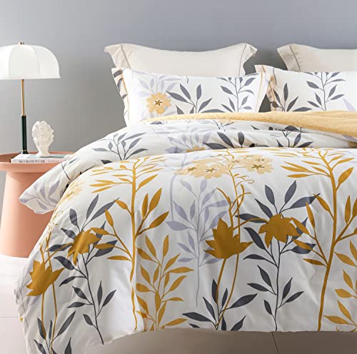 Sleepbella Comforter Queen Size, 600 Thread Count Cotton Grey Branch With Yellow Flower & Grey Leaves Pattern Orange Reversible Comforter Set,Down Alternative Bedding Set 3Pcs(Queen, Yellow Botanical) #TOP1