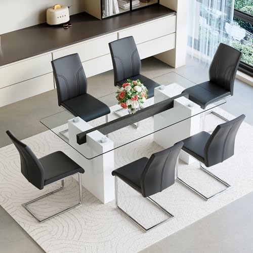 FURNITO Glass Dining Table Set for 6, Modern Kitchen Table