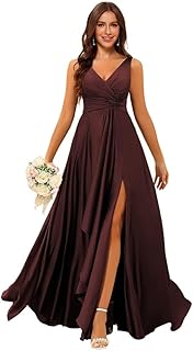 Women's Satin Bridesmaid Dresses Long V-Neck Ruched Formal Evening Gown with Pockets VS068