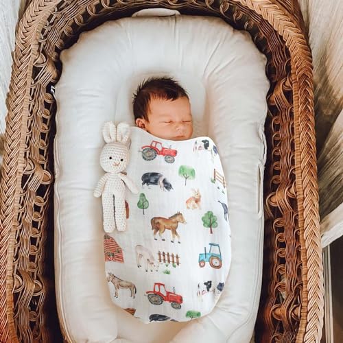 Image of LifeTree Muslin Swaddle Blankets, Farm Animals Baby Swaddling Wrap Nursery Receiving Blanket for Boys & Girls, Soft 70% Viscose from Bamboo and 30% Cotton, Large 47 x 47 inches
