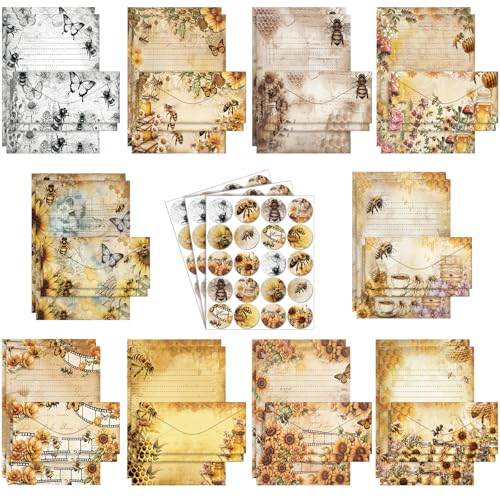 Image of TaoBary 160 Pcs Stationery Paper Set 50 Double Sided Stationery Paper with 50 Matching Envelope and 60 Round Dot Sticker, 10 Design (Vintage Bee Floral Butterfly,8.5 x 11 Inch)