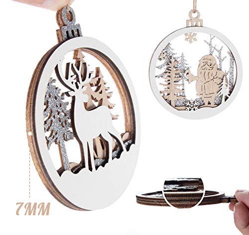 Christmas Wooden Ornament 6Pcs Retro Glitter Tree Hanging Decoration Wood Reindeer Oranment Fretwork Craft Gift Tags, Sliver & White #TOP4