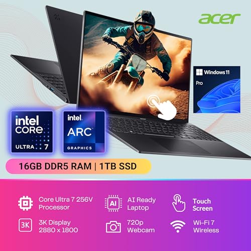 Image of acer Swift 16 AI Laptop, 16 inch 120Hz 3K OLED Touchscreen, Core Ultra 7 256V(4.80 GHz, >i9-12900K), Copilot PC, Backlit Keyboard, Fingerprint, Wi-Fi 7, Windows 11 Pro, Black(16GB DDR5 RAM | 1TB SSD)