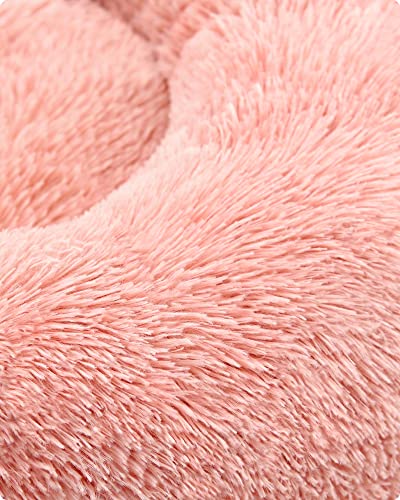 Feandrea Hundebett flauschig, Katzenbett, Donut Kissen, waschbar, Polsterung in der Mitte herausnehmbar, Langer Plüsch, 70 cm Durchmesser, rosa PGW039P01