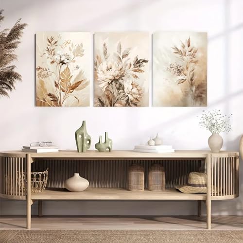 Impression d'art abstraite beige 30x50 cm avec cadre floral
