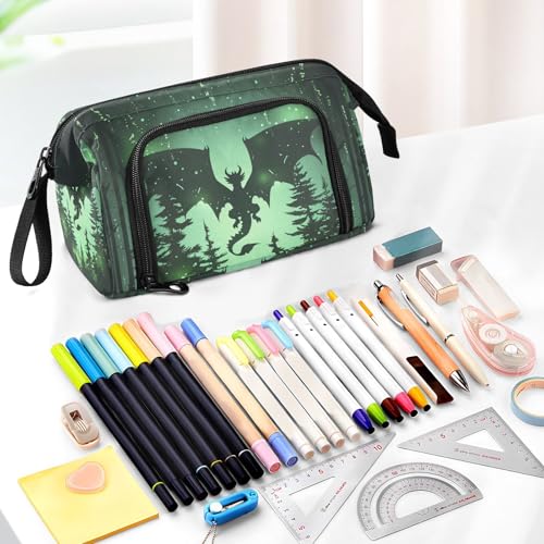 Image of Dragon Green Pencil Case Large Capacity Pencil Pouch, Handheld Pen Bag Cosmetic Portable Gift for Office School Teen Girl Boy Men Women Adult Pencil Storage Organizer