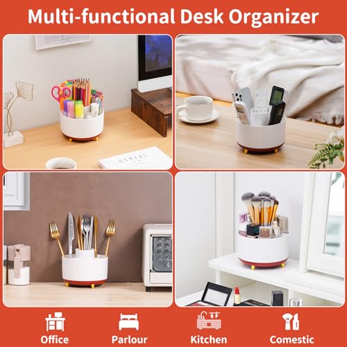 Image of Marbrasse Desk Organizer, 360-Degree Rotating Pen Holder, Desk Organizers and Accessories with 5 Compartments Pencil Holder, Art Supply Storage Box Caddy for Office, Home (White+Red)