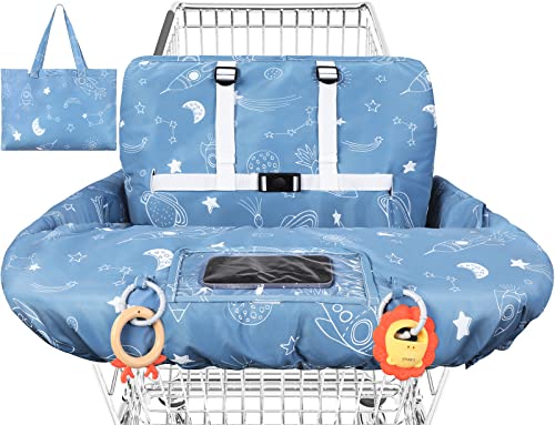 Image of Yoofoss Shopping Cart Cover for Baby, 2-in-1 High Chair Cover with Safety Harness, Multifunctional Cart Covers for Babies, Universal Fit, Soft Padded Grocery Cart Cover for Baby Boy Girl - Blue