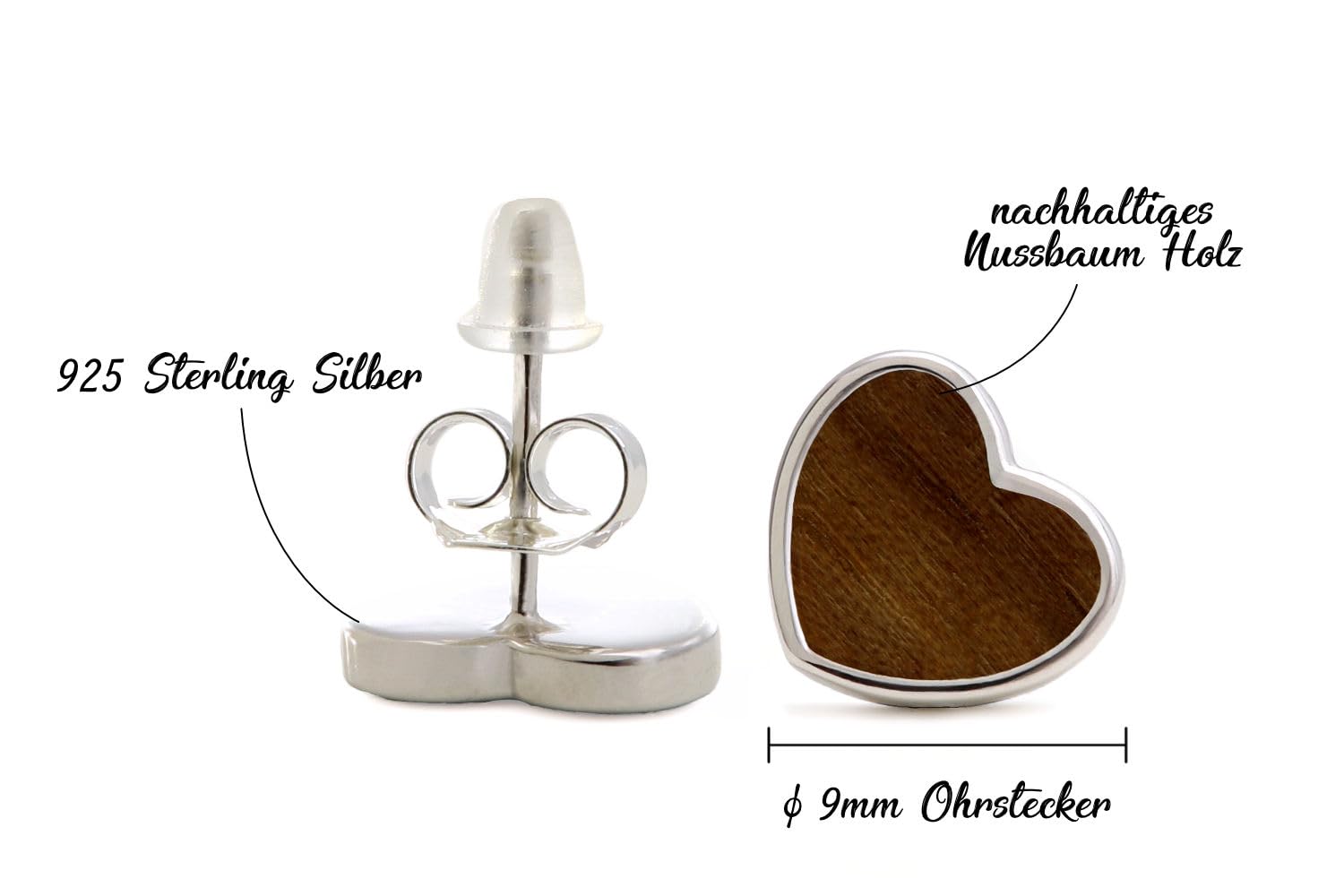 NaturSchatulle Holzschmuck Set Ohrringe Halskette Herz 9mm Damen Holzohrringe 925 Silber Nussbaum Holz Ohrstecker Schmuck