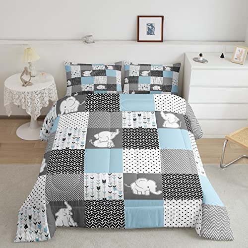 Cute Elephant Comforter For Boys Kids Girls Blue Grid Comforter Set Full Size Home Decor Soft Lovely Animals Bedding Set Wavy Stripes All Season Teens Bedroom Down Duvet,1 Comforter With 2 Pillowcase #TOP1