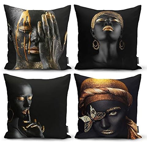 Ysahome Modern Art Theme Throw Pillow Cover - Photograph Pattern Square Cushion Cover - Woman Throw Pillow Case - African American Girl Decorative Accent Pillow, 18x18 Inches, Black (Set of 4) Cover