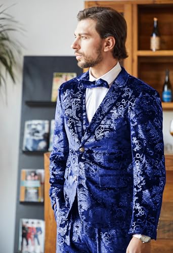 MAGE MALE Mens Suits Dress Floral Tuxedo Slim Fit 3 Piece Suit 2 Button Prom Party Blazer Vest Pants Set with Bow Tie4