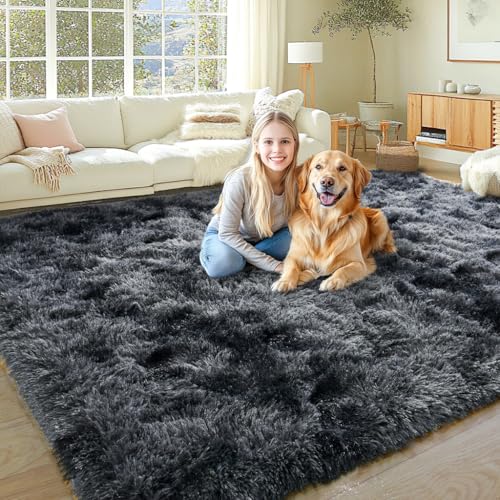 KING DARE 9x12 Area Rug for Living Room Plush Carpet, Soft Fluffy Shaggy Fuzzy Furry Large Tie-Dyed Black Gray Rug, Anti-Slip Washable Modern Floor Rug for Bedroom Home Aesthetic Decor